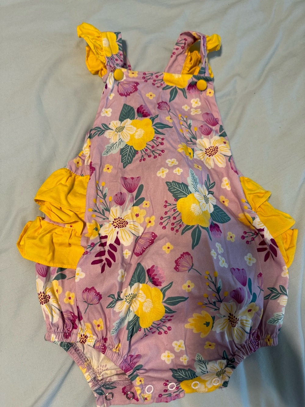 Ricrac & Ruffles - Floral Ruffle Baby Romper in Lavender and Yellow